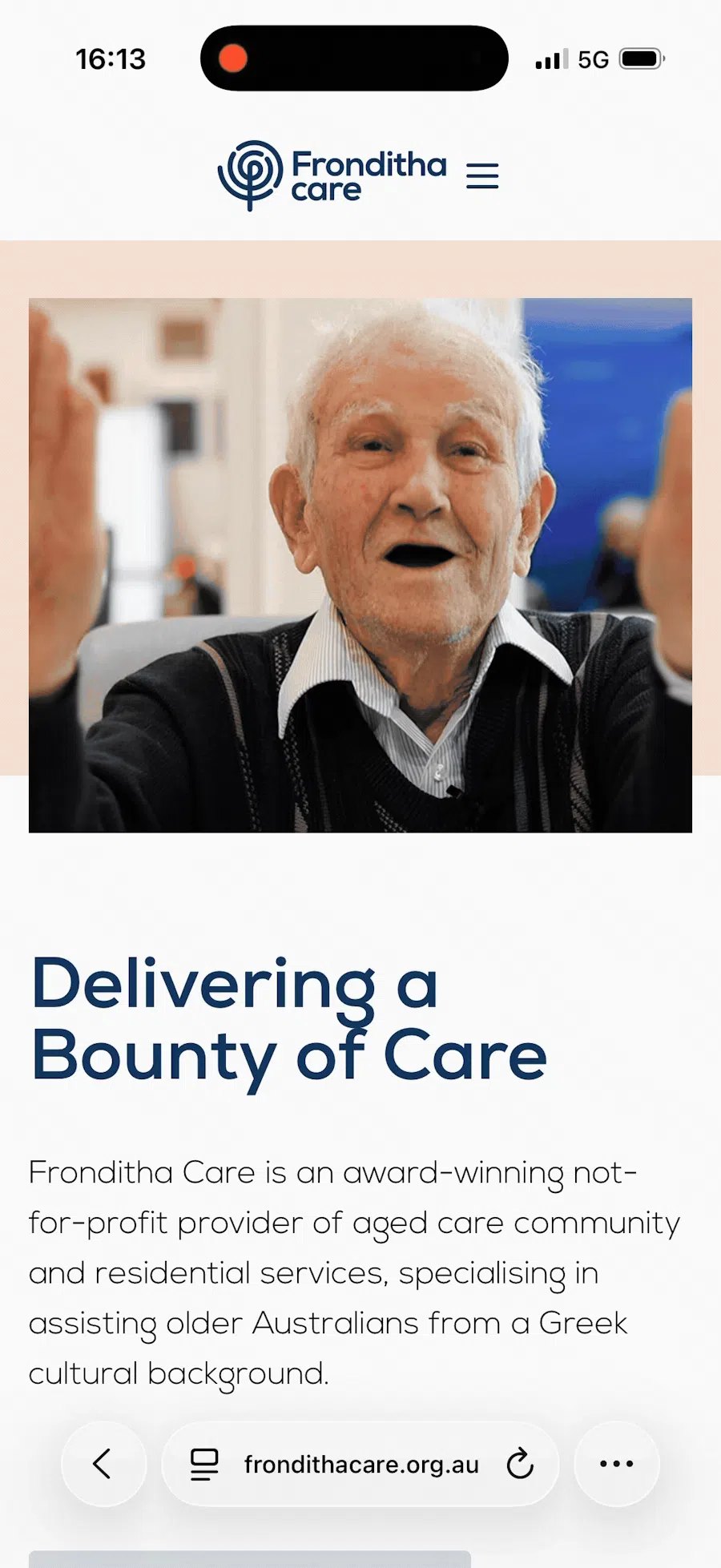 Animated walkthrough of the redesigned Fronditha Care website on mobile