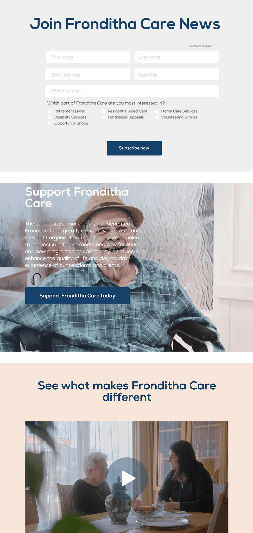 Newsletter signup form, Support Fronditha Care section and community video