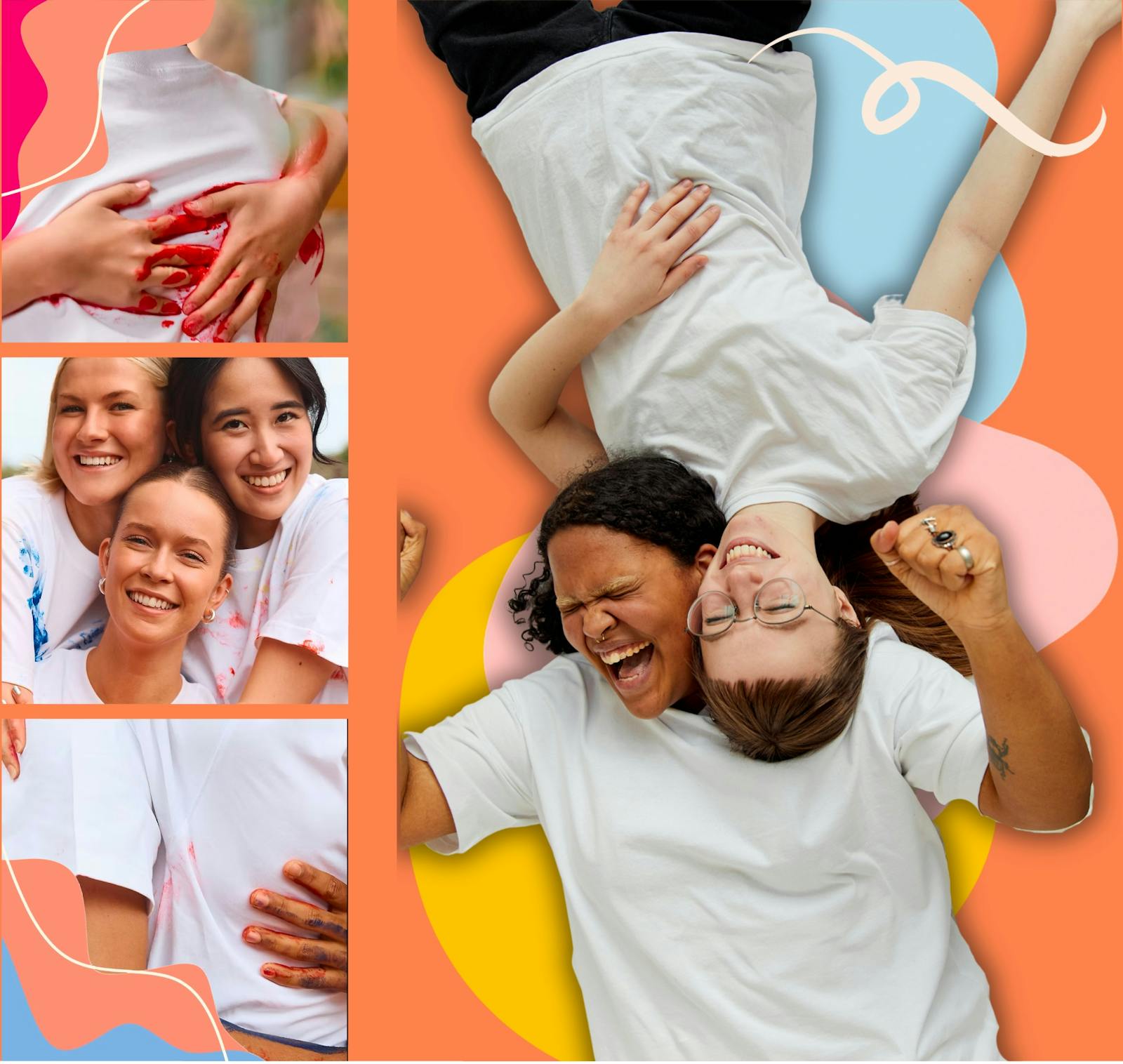 Campaign collage of friends laughing and making handprint shirts together