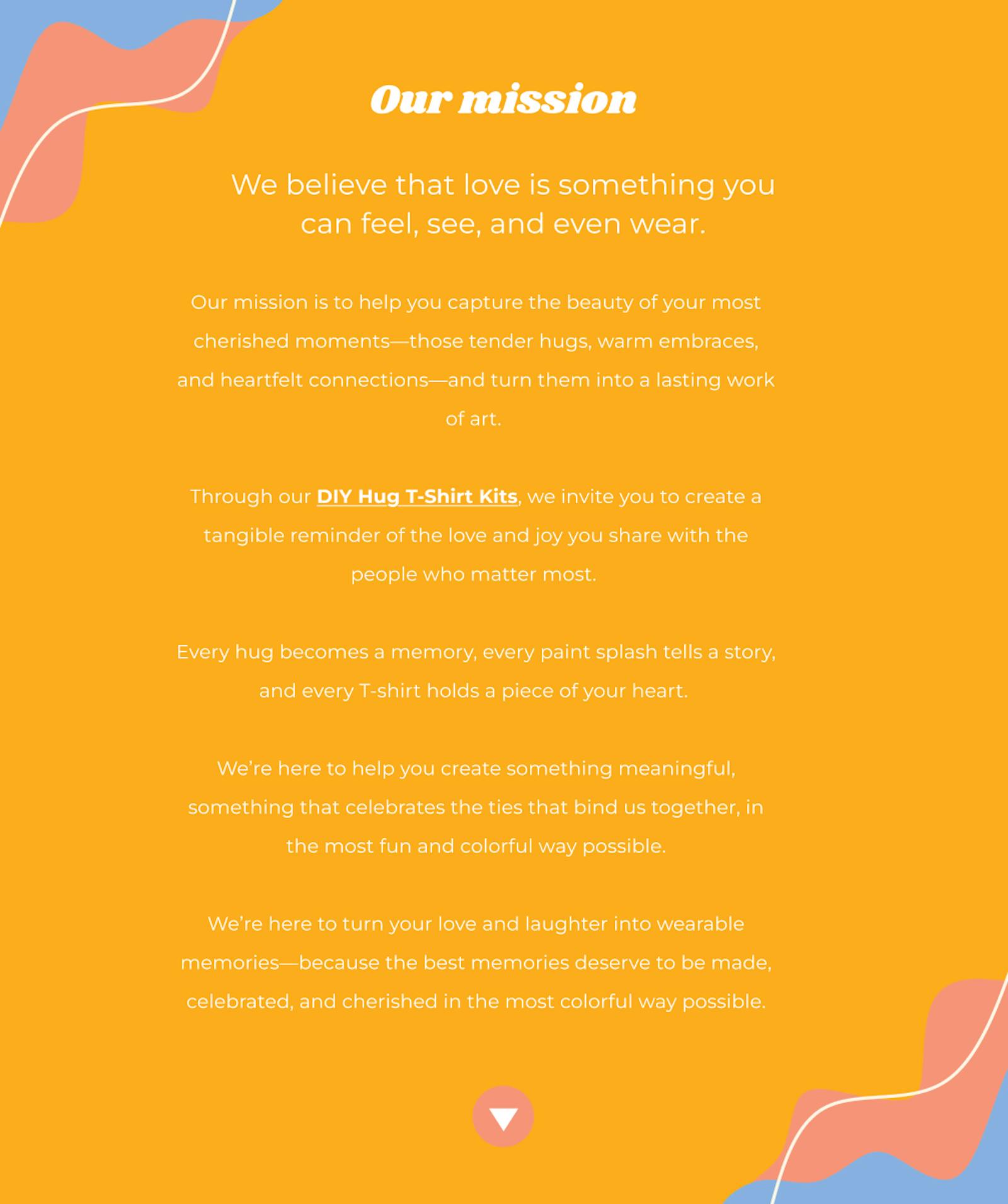 The Forever Hugs mission page, set in rounded type on a warm yellow background