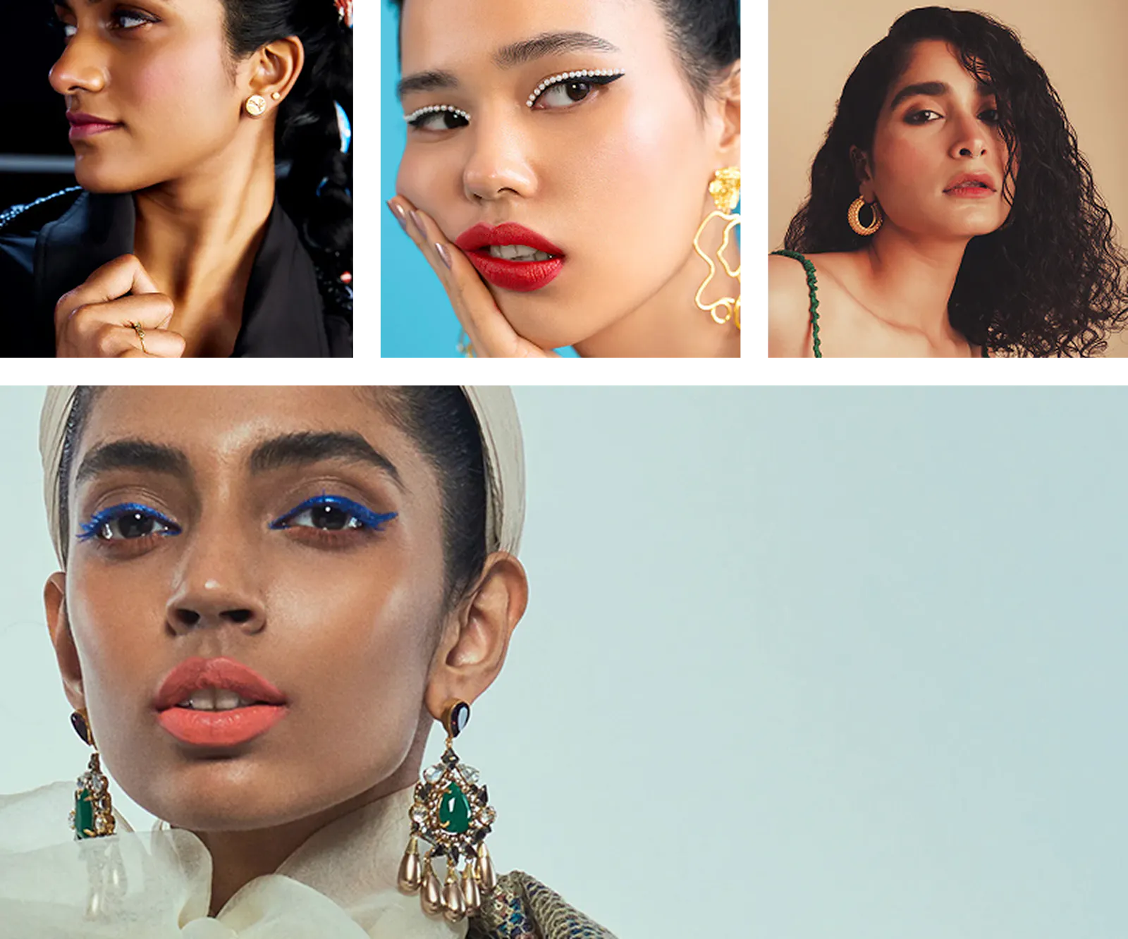 Collage of beauty portraits from the art-directed photoshoot showing earrings, texture and colour styling