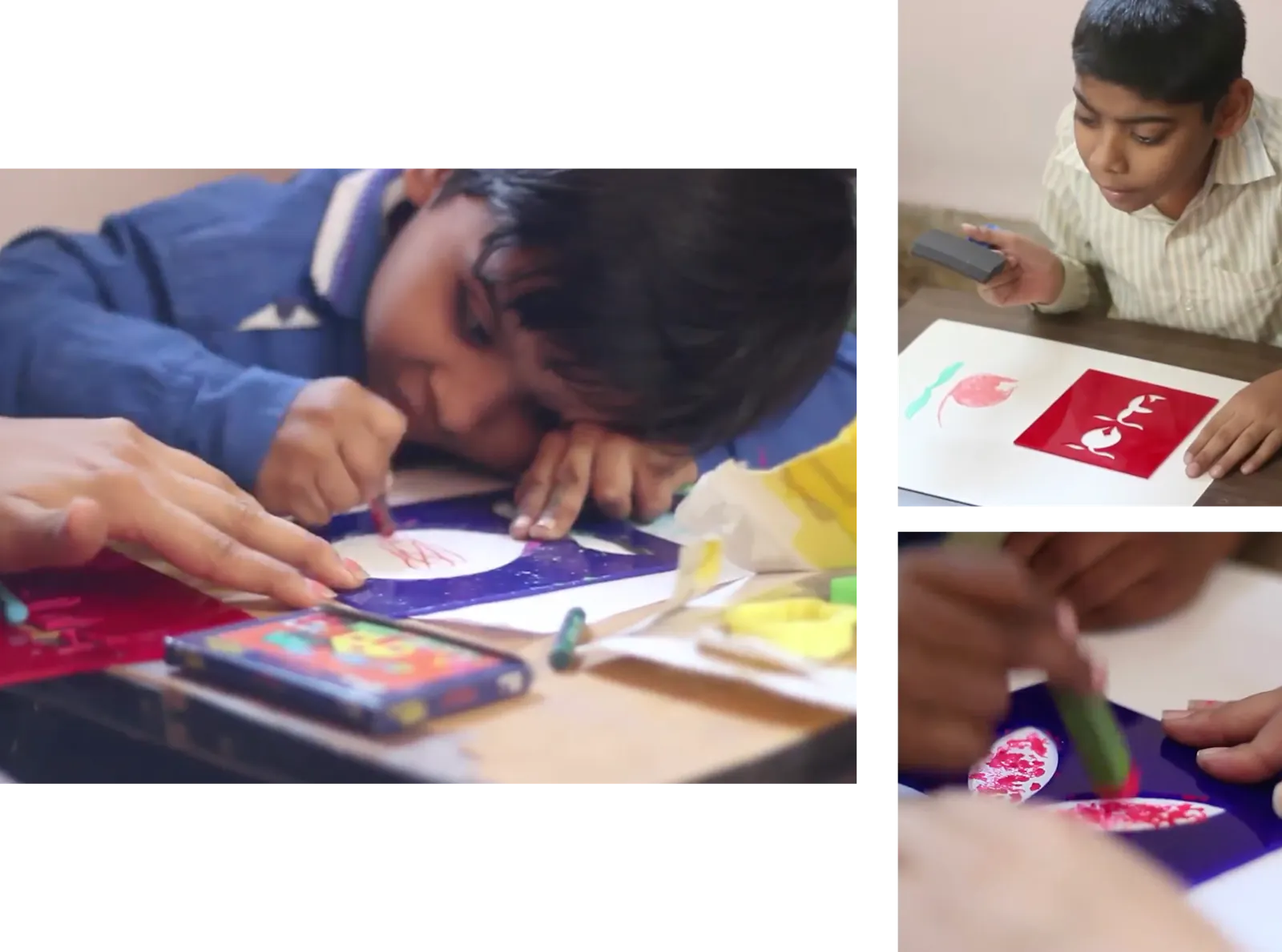 Students drawing through tactile stencils with a facilitator guiding their hands during a Touch workshop