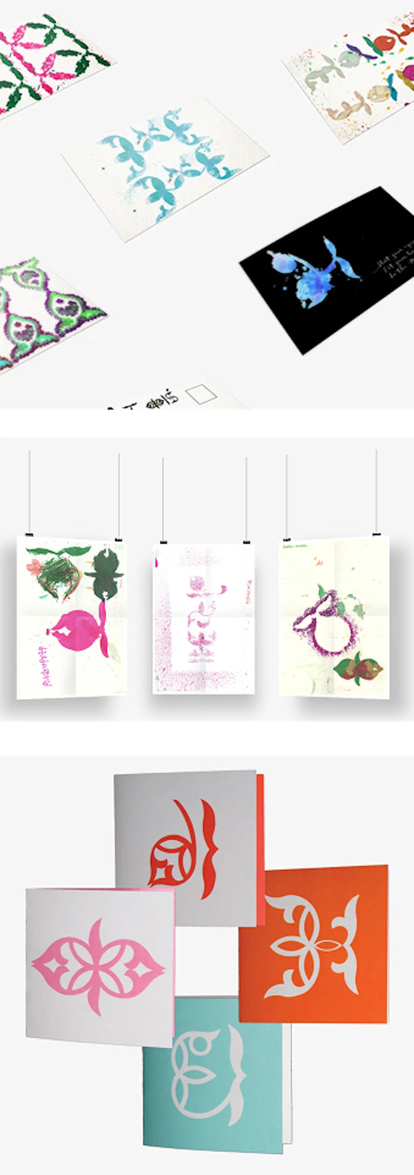 Postcards, hanging posters and stencil cards produced from the students' tactile artwork